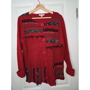 Coldwater Creek Red Patchwork Cardigan XL Teacher Christmas Party Vibes